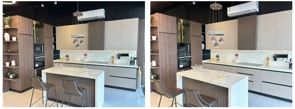 مطبخ امريكي خشب والمنيوم بتصميم حرف L وألوان خشبية هادئة مع طاولة طعام رخام